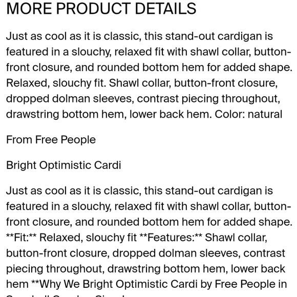 NWOT FREE PEOPLE BRIGHT OPTIMISTIC CARDIGAN IN NATURAL - Picture 3 of 13